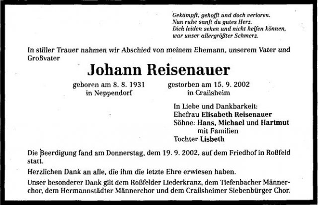 Reisenauer Johann 1931-2002 Todesanzeige